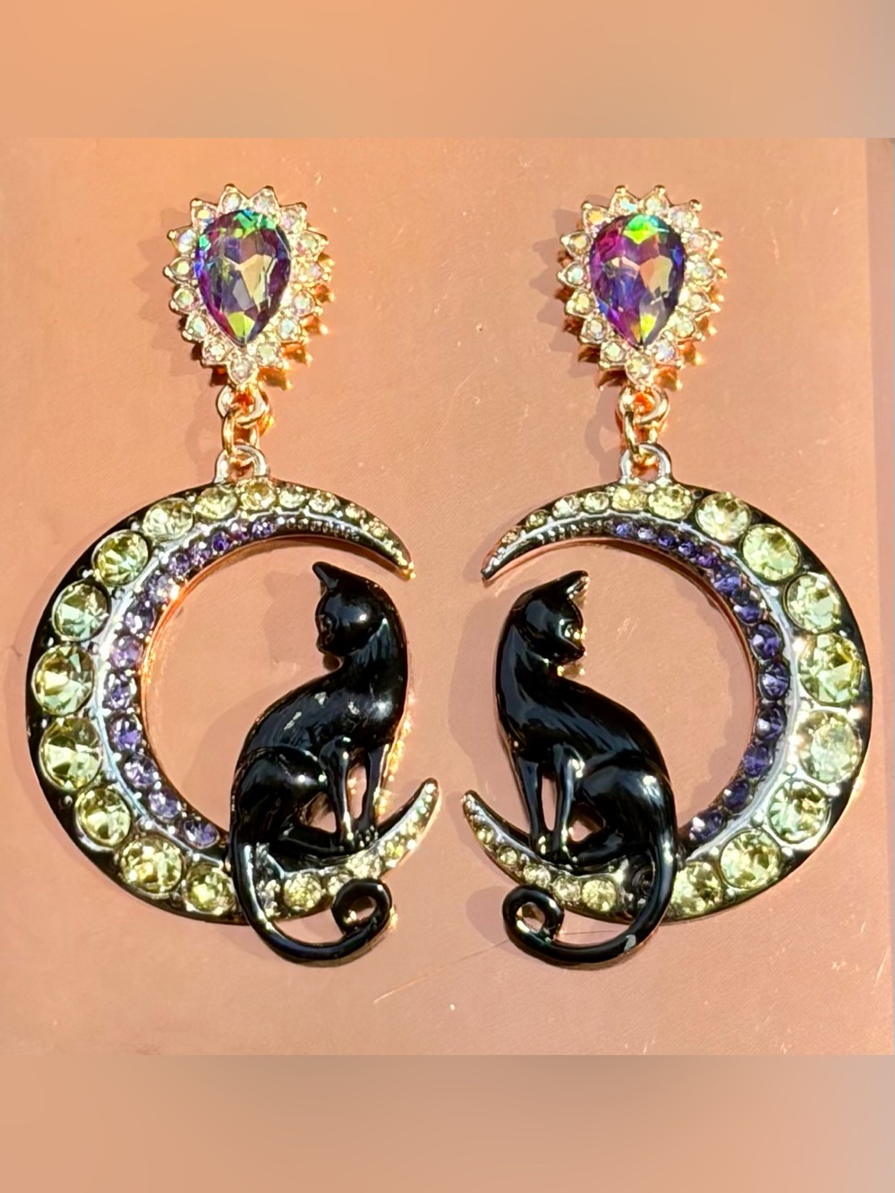 NIB BETSEY JOHNSON Black Cat Crescent Drop Earrings - iridescent & rhinestones